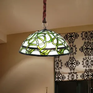 Vintage Green Stained Glass Chandelier: Elegant 3-Light Ceiling Fixture with Vine Pattern