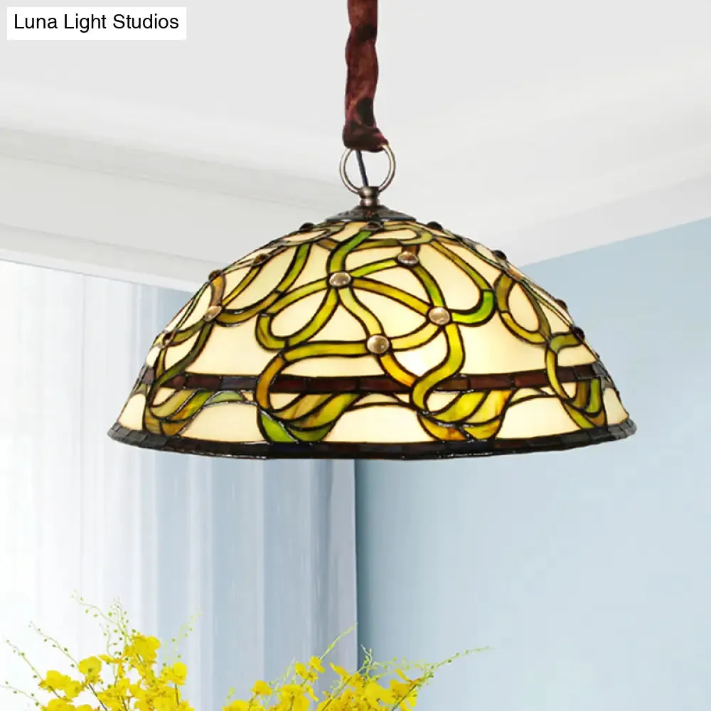 Vintage Green Stained Glass Chandelier: Elegant 3-Light Ceiling Fixture with Vine Pattern