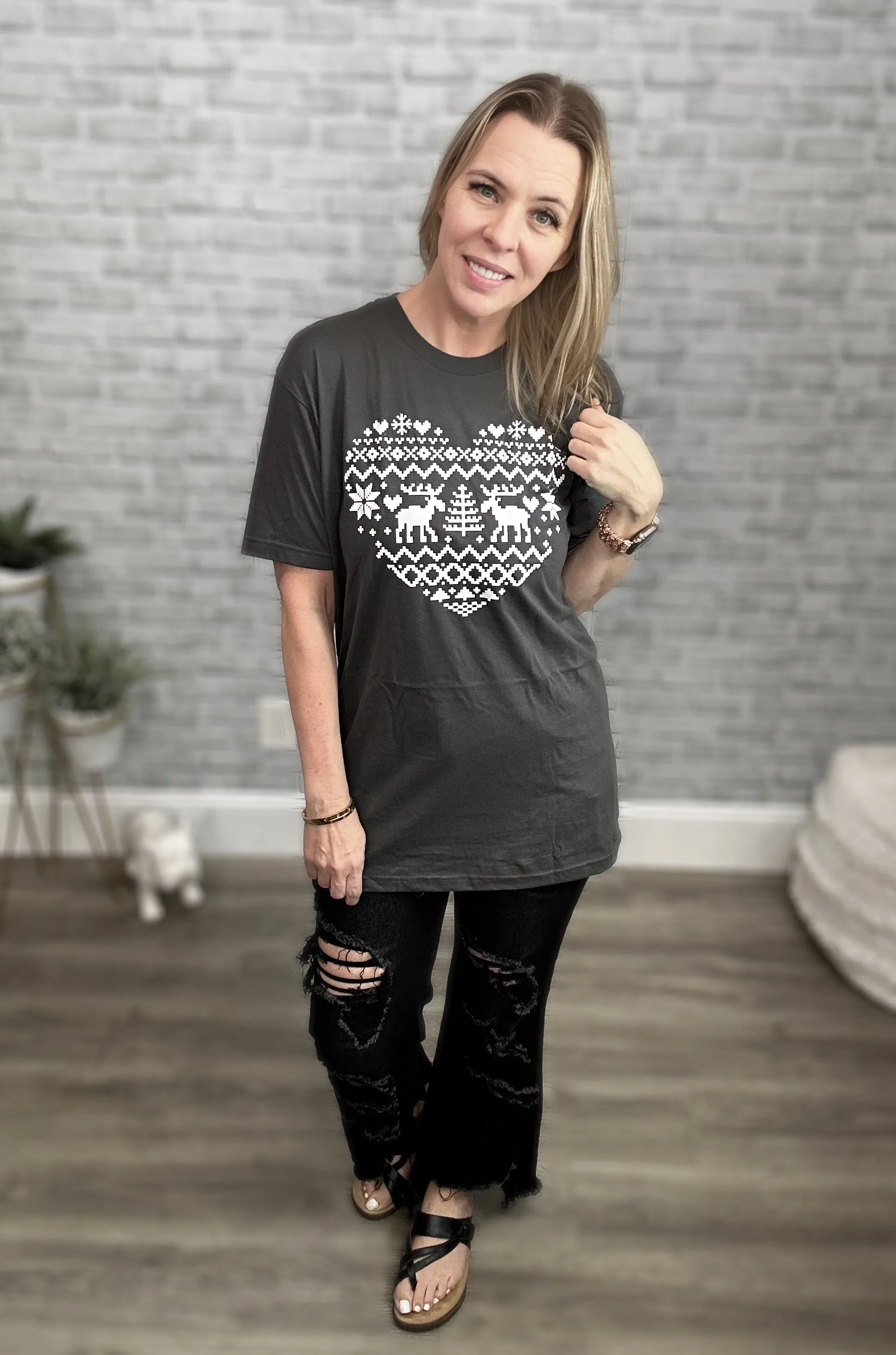 Winter Moose Heart Gray and White Graphic Tee