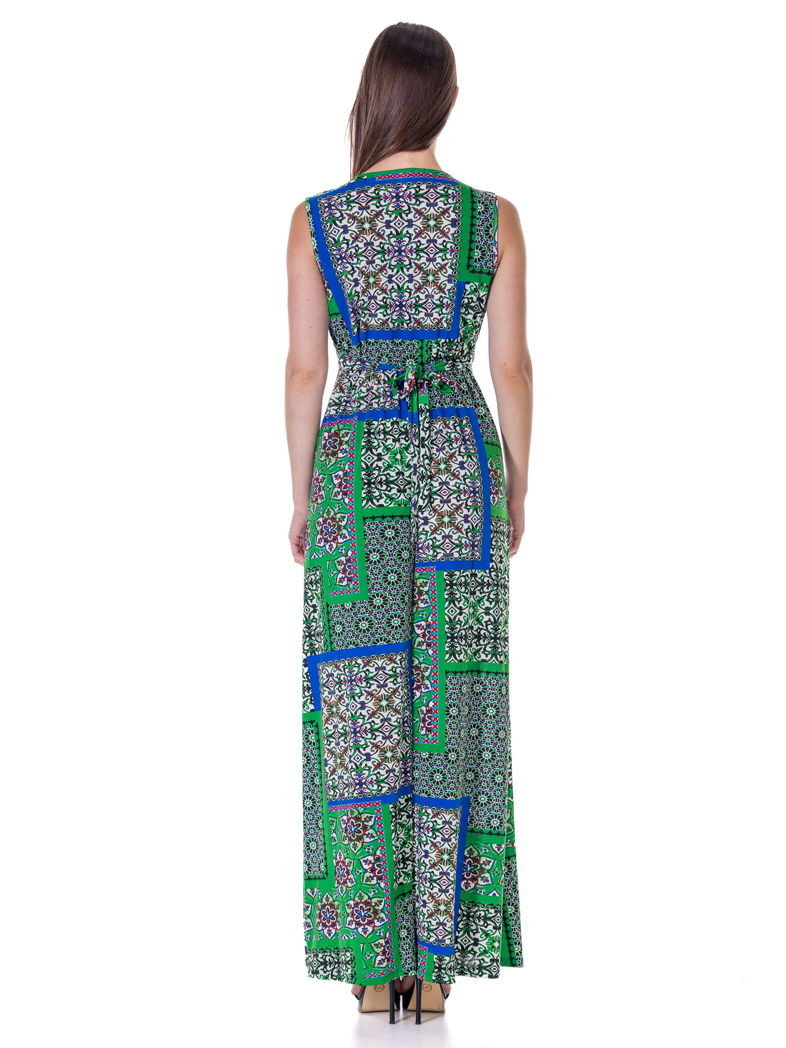 Womens Green Scarf Print V Neck Empire Waist Sleeveless Maxi Dress