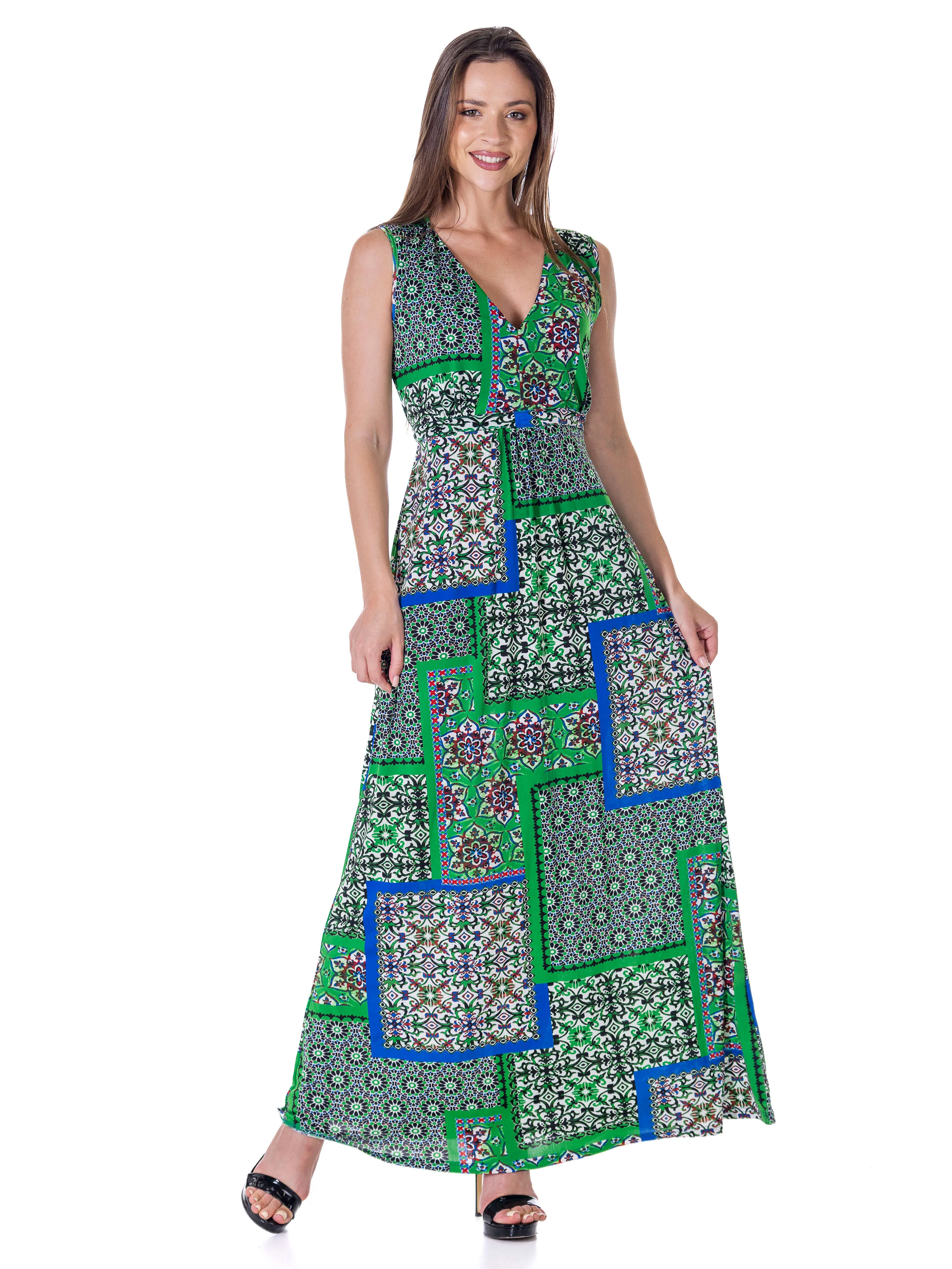 Womens Green Scarf Print V Neck Empire Waist Sleeveless Maxi Dress